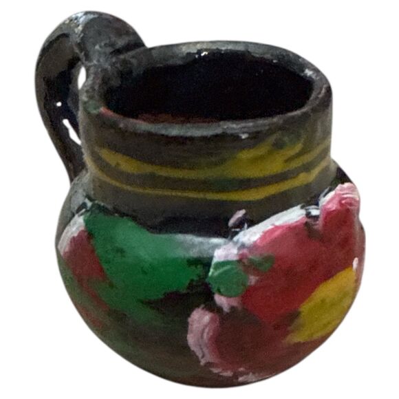 Vintage Mexican Mini Pottery Tea Set 9pc Hand Painted Leaf Tray Folk Art - Picture 13 of 15